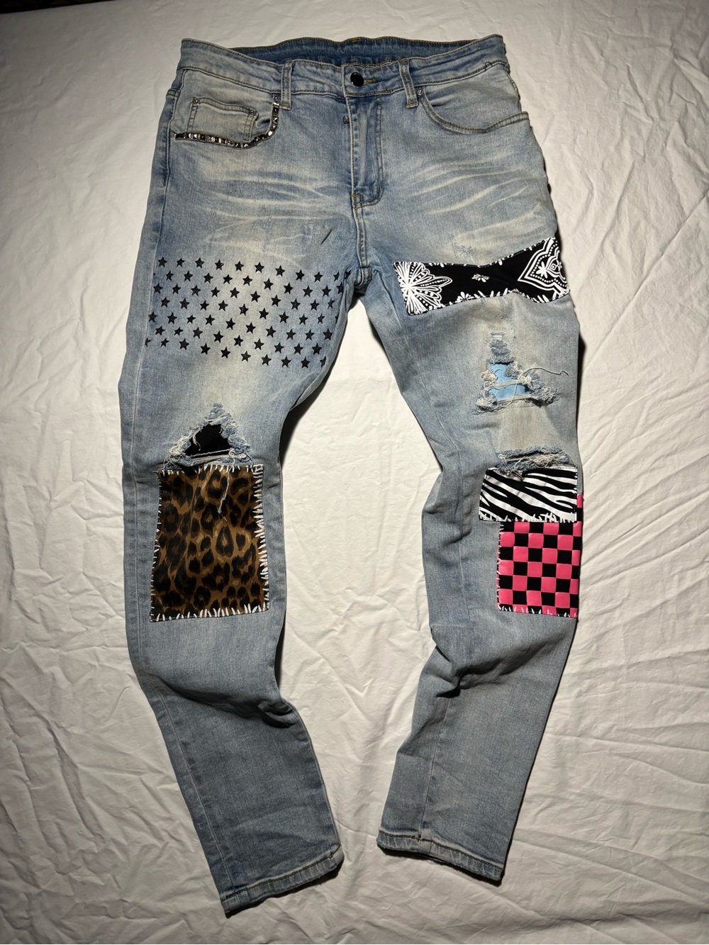 Light Blue Patchwork AMIRI Style Men's Jeans Size 32